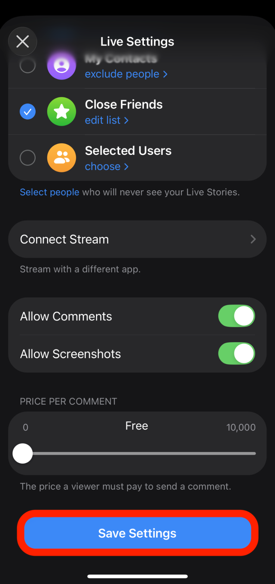 telegram live save settings button screen